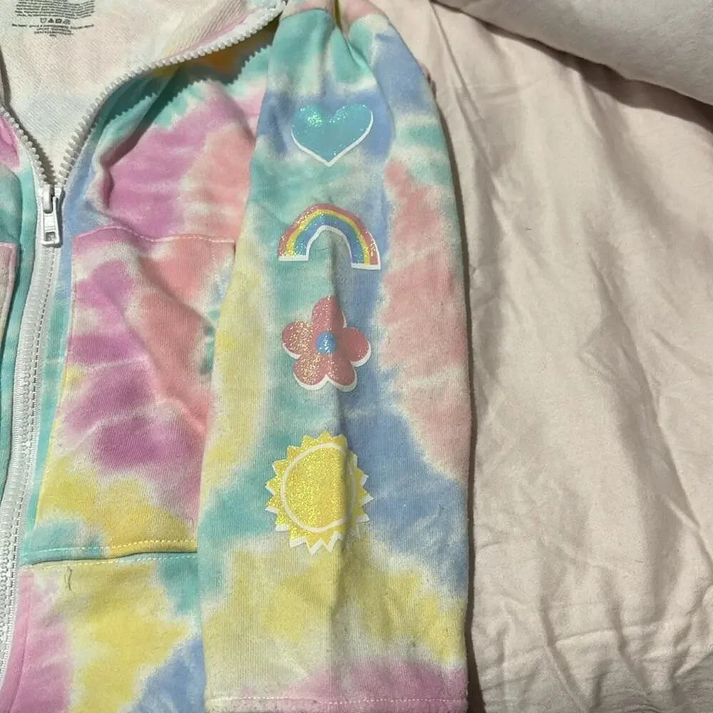 365 kids 7 Colorful Tie-Dye Kids unicorn Hoodie full front zip euc